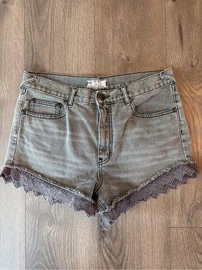 Free People Gray Denim Lace-Hem High-Rise Shorts